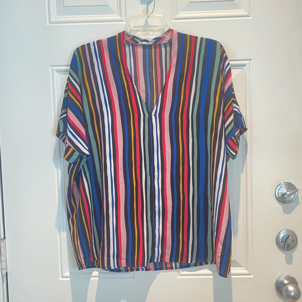 JODIFL Boutique Pink Colorful Stripe Batwing Short Sleeve Top - Small / Medium